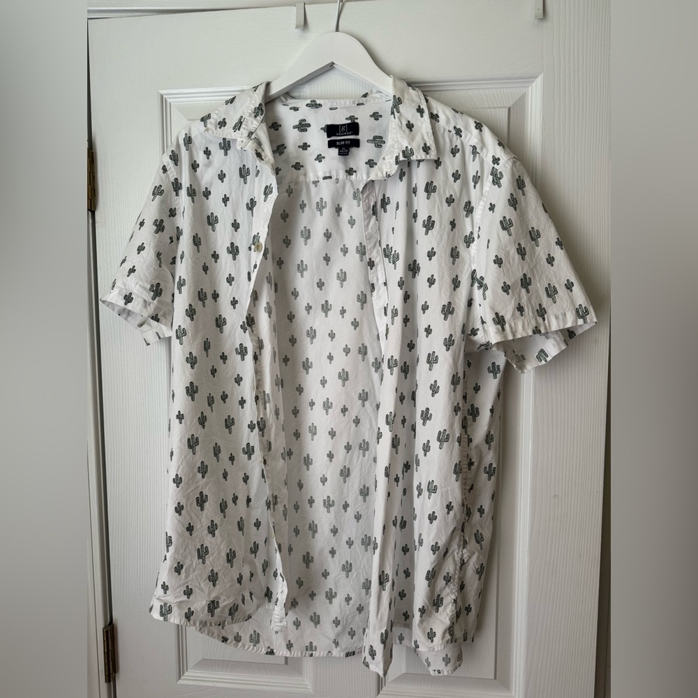 George Short Sleeve Button Up Shirt White with Cactus Pattern